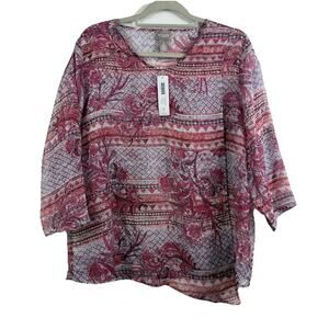 NWT Chico’s Soft Mosaic Stripes Asymmetrical Hem Blouse Large Sheer 3/4 Sleeve